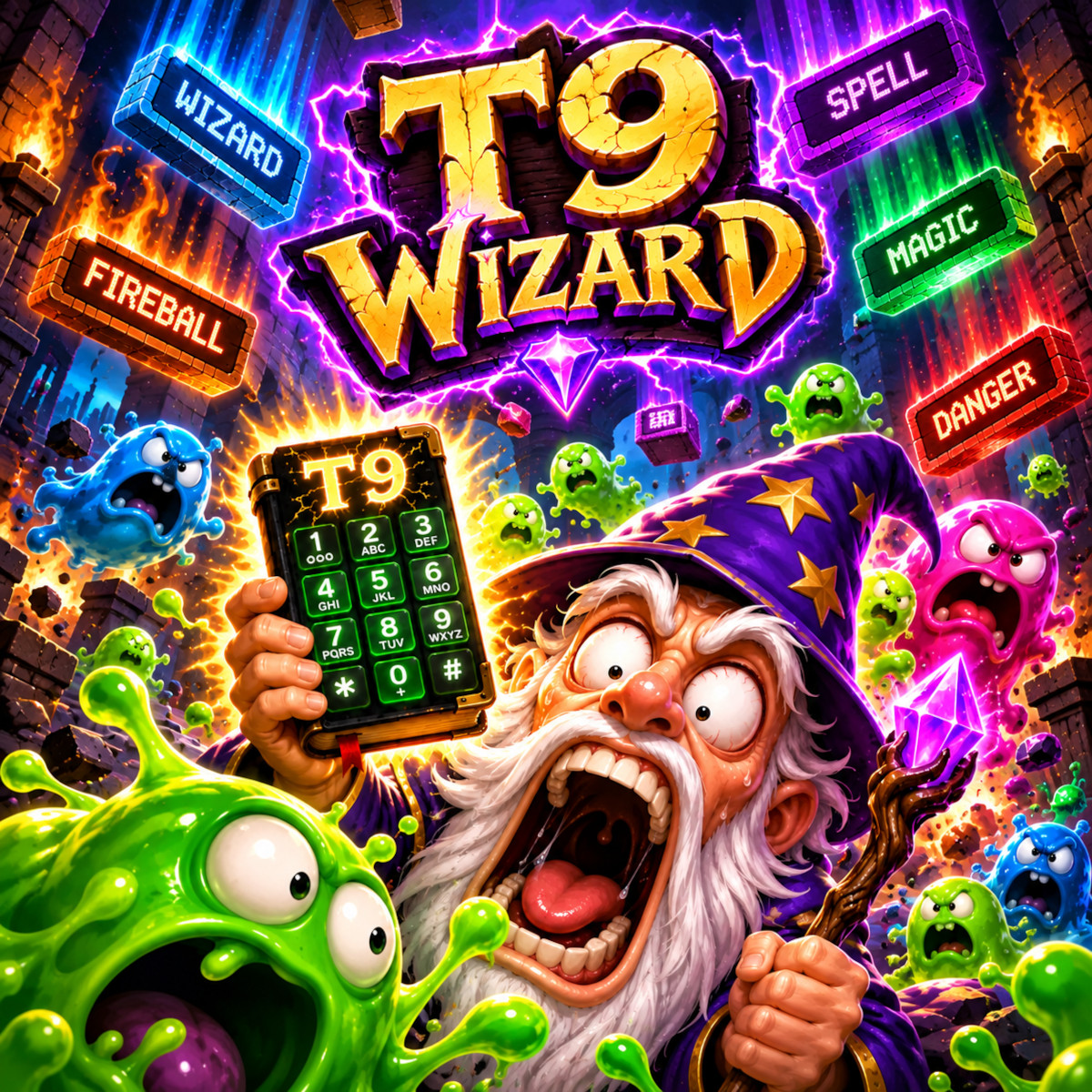 A panicked wizard clutches a glowing T9 keypad spellbook as word blocks reading Wizard, Spell, Fireball, Magic and Danger rain down among slime monsters.