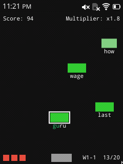 Gameplay: green word blocks labelled how, wage, last and guru fall toward the player, with guru locked on and half typed.