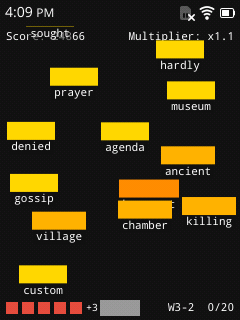 Season 1, World 3: a crowd of gold and orange word blocks such as prayer, museum, gossip and chamber.