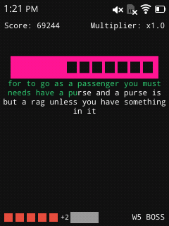 Season 1, World 5 boss: a long pink boss block with a falling sentence from Moby Dick, partly typed.