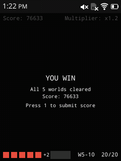 Season 1 win screen: YOU WIN, all 5 worlds cleared, score 76633.