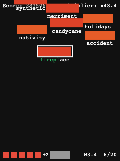 Season 2, World 3: red and orange holiday words such as merriment, candycane, nativity and holidays, with fireplace locked on.