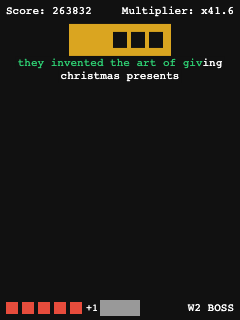 Season 2, World 2 boss: a gold boss block over the sentence they invented the art of giving christmas presents, partly typed.